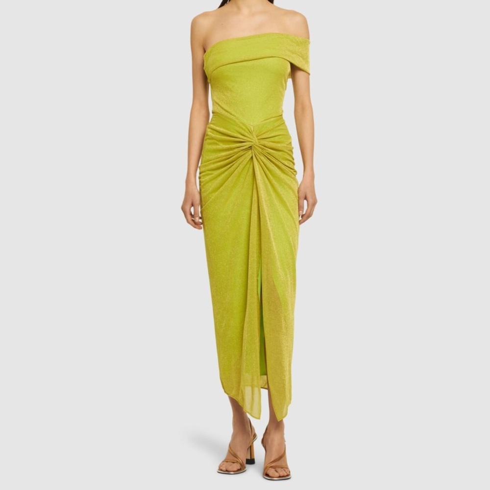 Baobab Aria Dress Lime Punch Green Midi One Shoulder Maxi Shimmer Knot